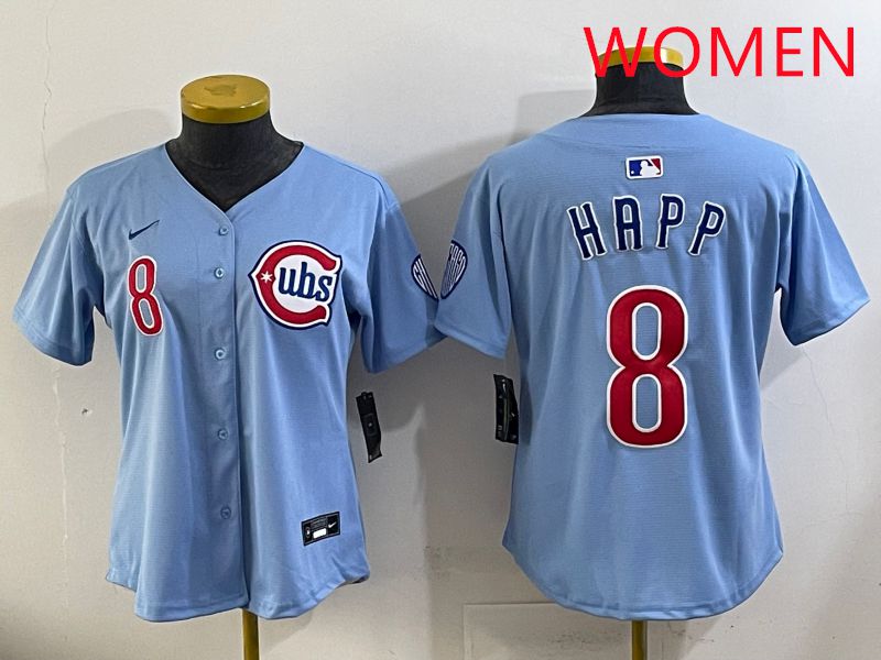 Women 2025 Chicago Cubs 8 Happ Light Blue Throwback Game Nike MLB Jersey style 1